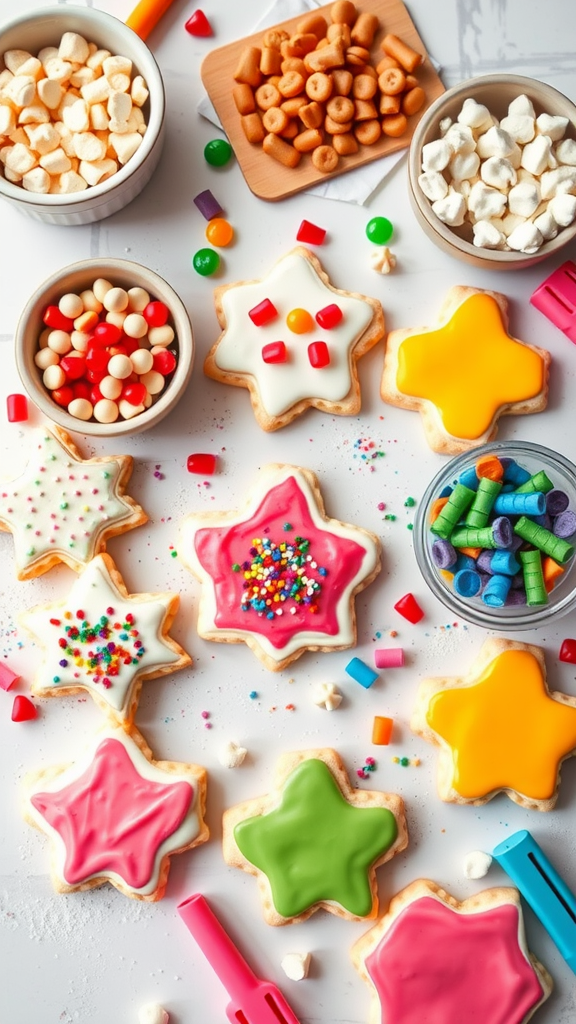 A colorful sugar cookie decorating station with star-shaped cookies and various toppings.