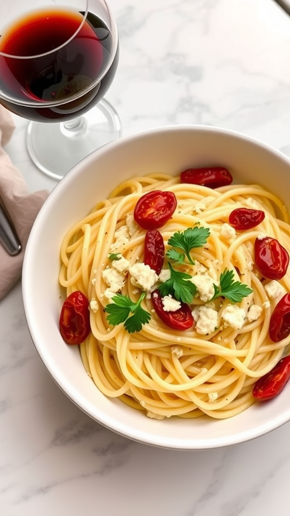 A bowl of sun-dried tomato pasta garnished with fresh herbs and a glass of red wine