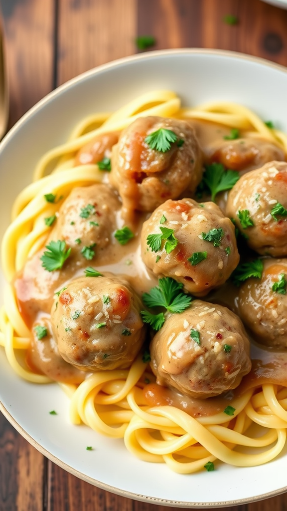 A plate of Swedish meatballs served over noodles with a creamy sauce and garnished with parsley.