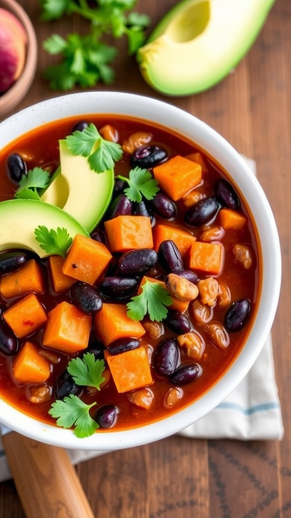 A bowl of sweet potato and black bean chili topped with avocado slices and cilantro