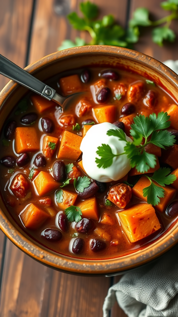 A bowl of sweet potato and black bean chili topped with sour cream and cilantro