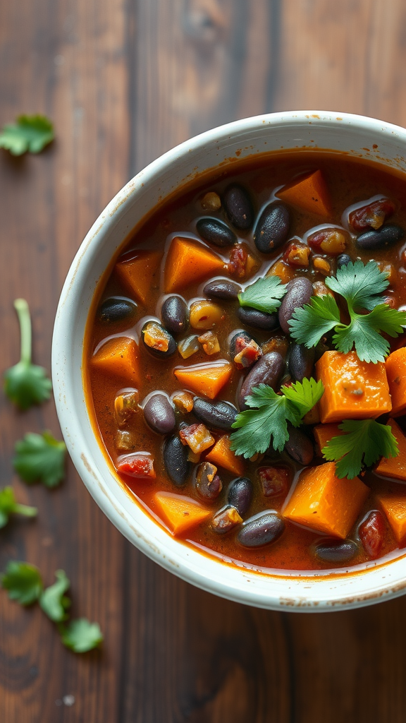 A bowl of Sweet Potato and Black Bean Chili garnished with cilantro