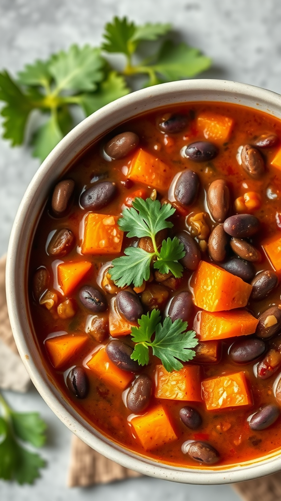 A bowl of sweet potato and black bean chili topped with fresh cilantro