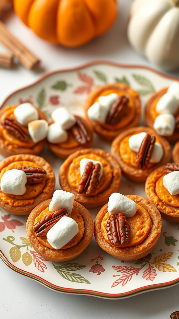 A platter of sweet potato pie bites topped with mini marshmallows and pecans, with pumpkins in the background.