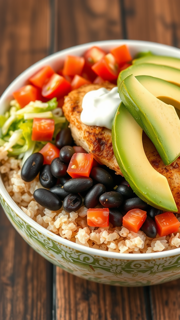 Delicious taco bowl with rice, black beans, grilled chicken, fresh tomatoes, lettuce, avocado, and sour cream