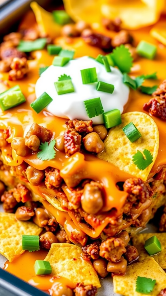 A delicious taco casserole topped with cheese, sour cream, and fresh herbs.