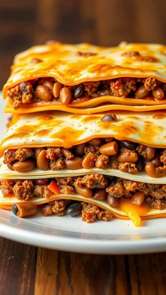 A stack of taco lasagna with layers of noodles, ground meat, and melted cheese.