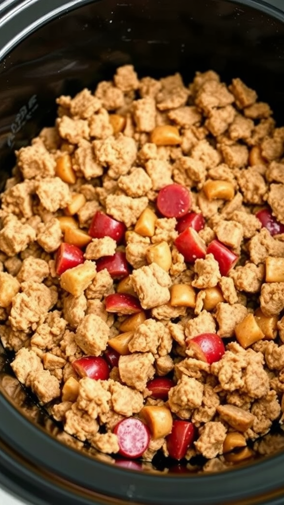 Crockpot filled with seasoned taco meat and sausage pieces.