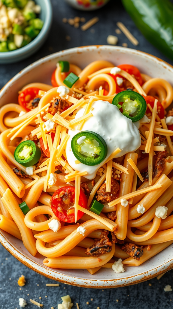 A bowl of taco pasta topped with jalapeños, cheese, and sour cream.