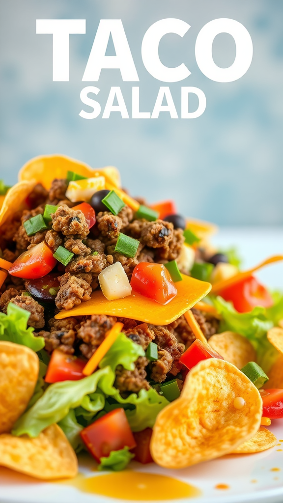 A delicious taco salad with ground turkey, lettuce, tomatoes, and tortilla chips.