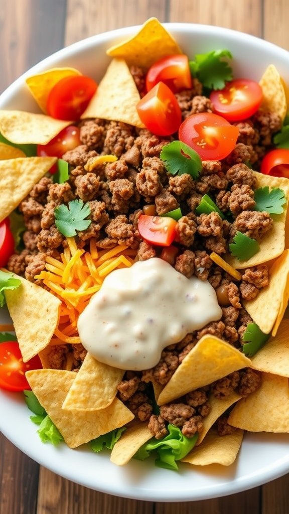 A colorful taco salad featuring tortilla chips, ground beef, tomatoes, cheese, and dressing.