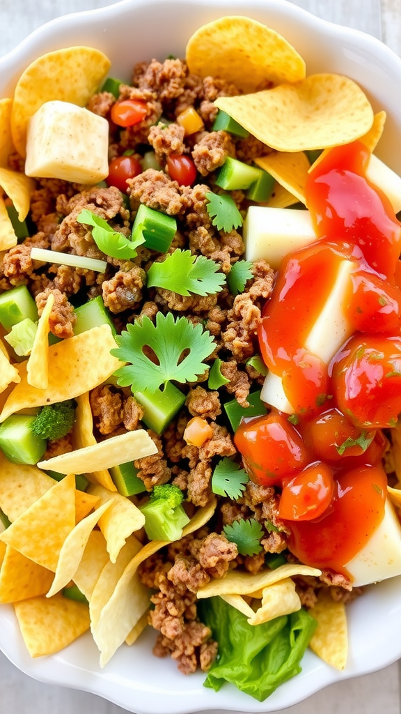 A bowl of taco salad with ground beef, fresh vegetables, and tortilla chips.