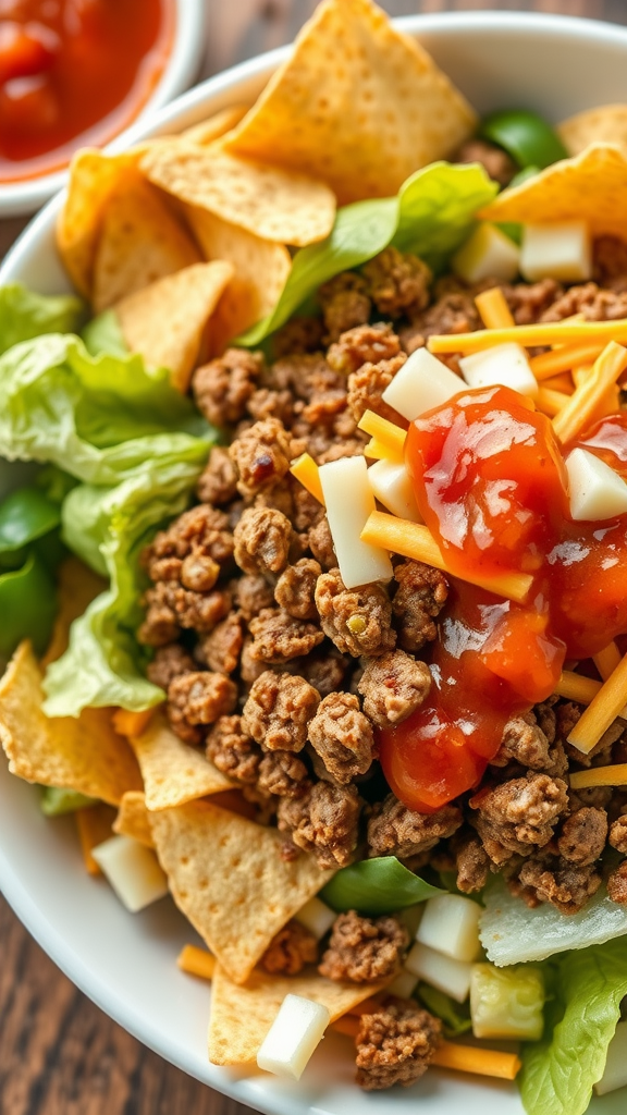 A bowl of taco salad with ground meat, lettuce, cheese, and tortilla chips