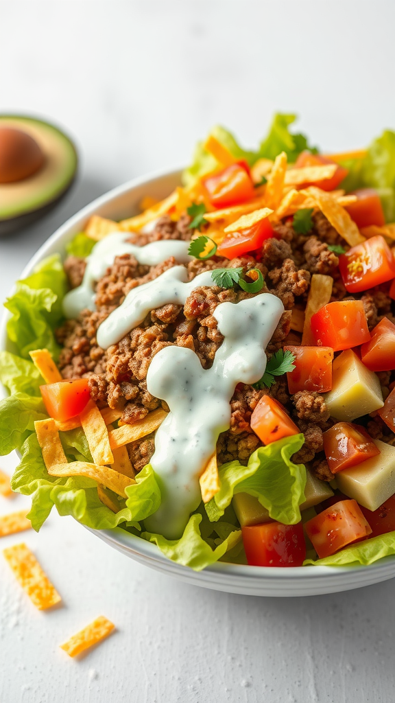 A colorful taco salad with ground beef, lettuce, diced tomatoes, tortilla strips, and a creamy dressing.
