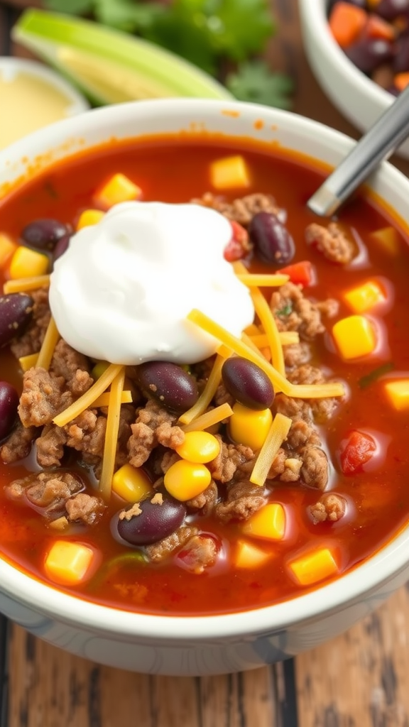 A bowl of taco soup topped with sour cream and cheese, surrounded by fresh ingredients