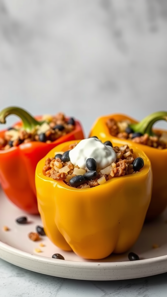 Three taco stuffed peppers on a plate, topped with sour cream and black beans.