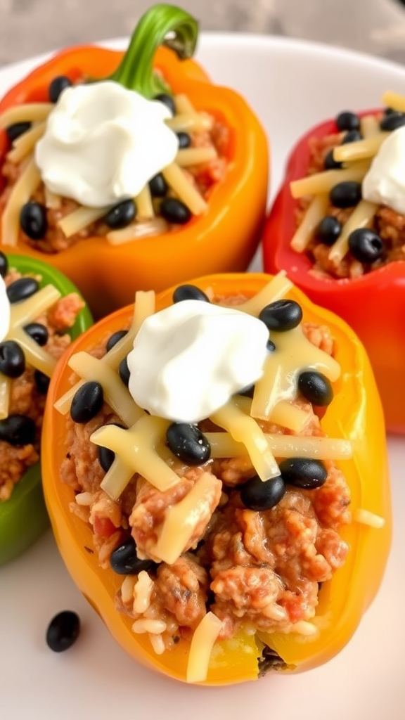 Plate of taco stuffed peppers filled with meat, beans, and cheese, topped with sour cream.