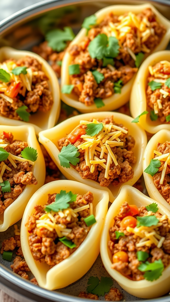 A close-up image of Taco Stuffed Shells filled with seasoned meat, topped with cheese and cilantro.