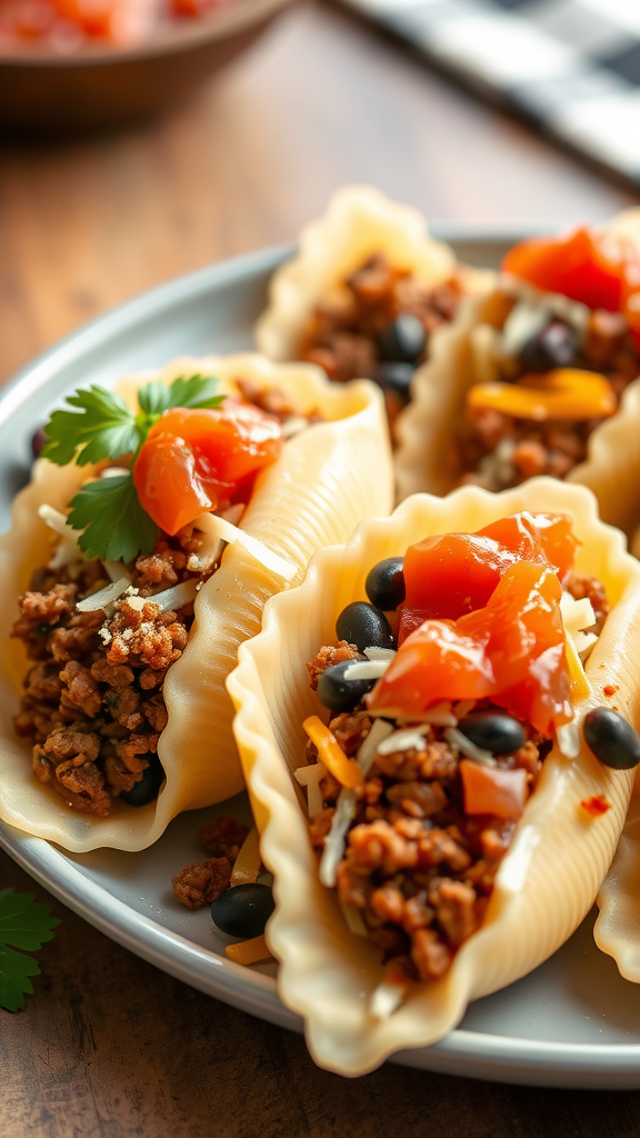 Plate of taco stuffed shells filled with ground meat, black beans, cheese, and topped with diced tomatoes and cilantro.
