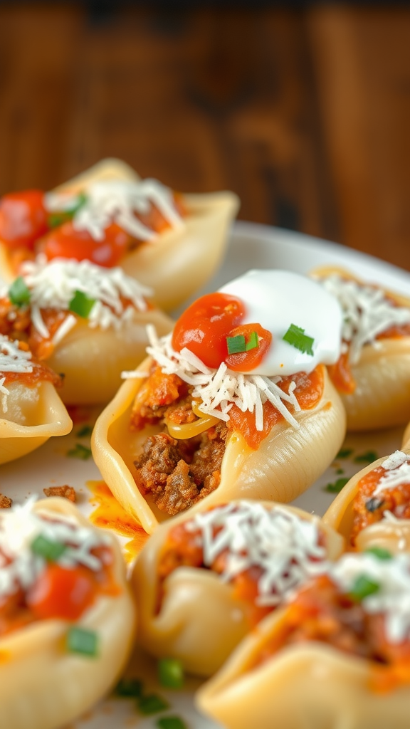 Plate of Taco Stuffed Shells topped with cheese, tomatoes, and sour cream