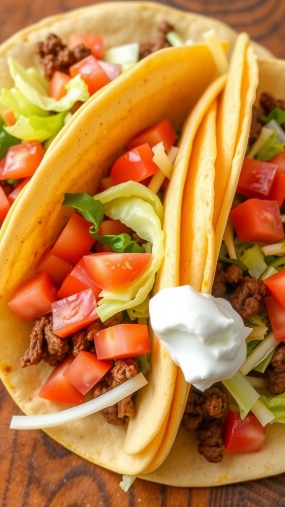 Tacos filled with ground beef, lettuce, tomatoes, and topped with sour cream.