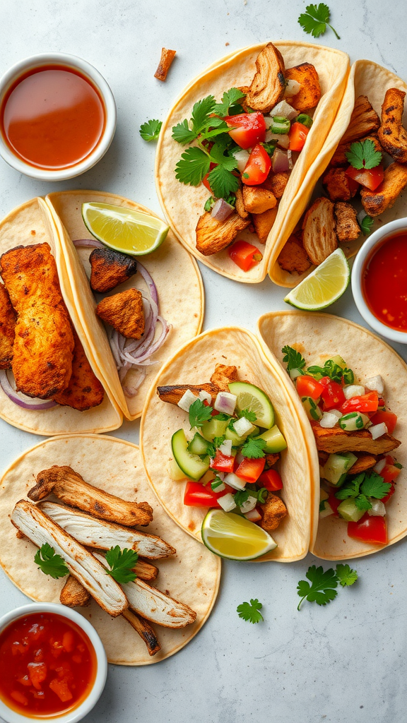 A variety of tacos with fresh ingredients, including tortillas, grilled chicken, and colorful salsas.