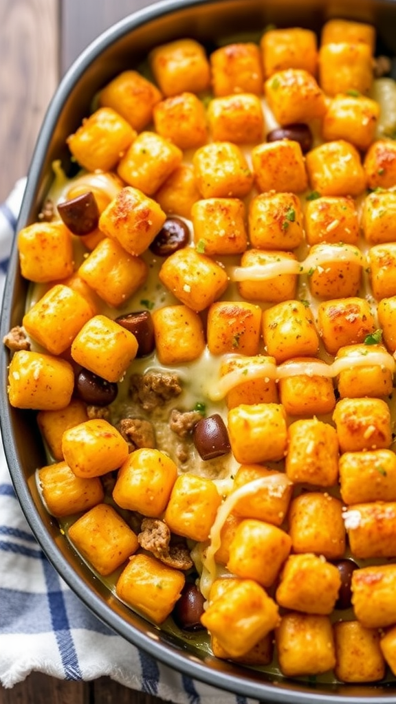 A casserole dish filled with crispy tater tots, ground beef, and cheese, ready to serve.
