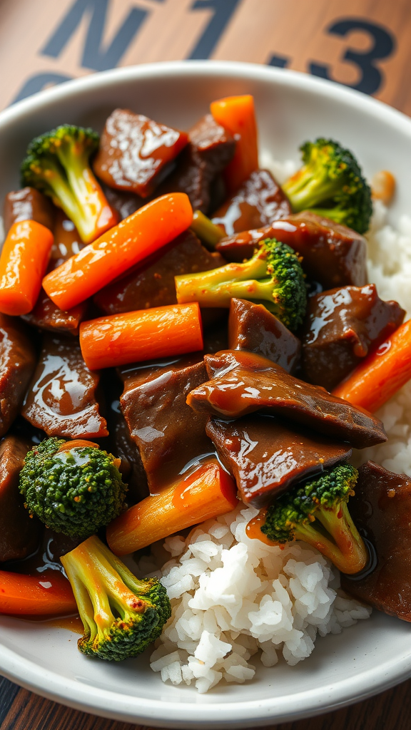 A bowl of teriyaki beef stir fry with broccoli, carrots, and rice.