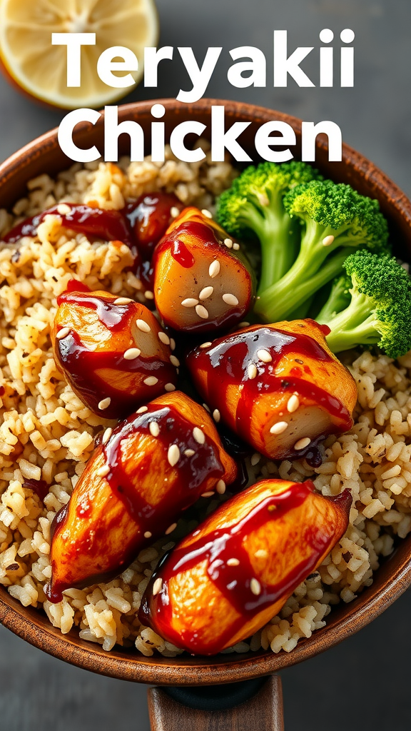A colorful teriyaki chicken grain bowl with rice and broccoli