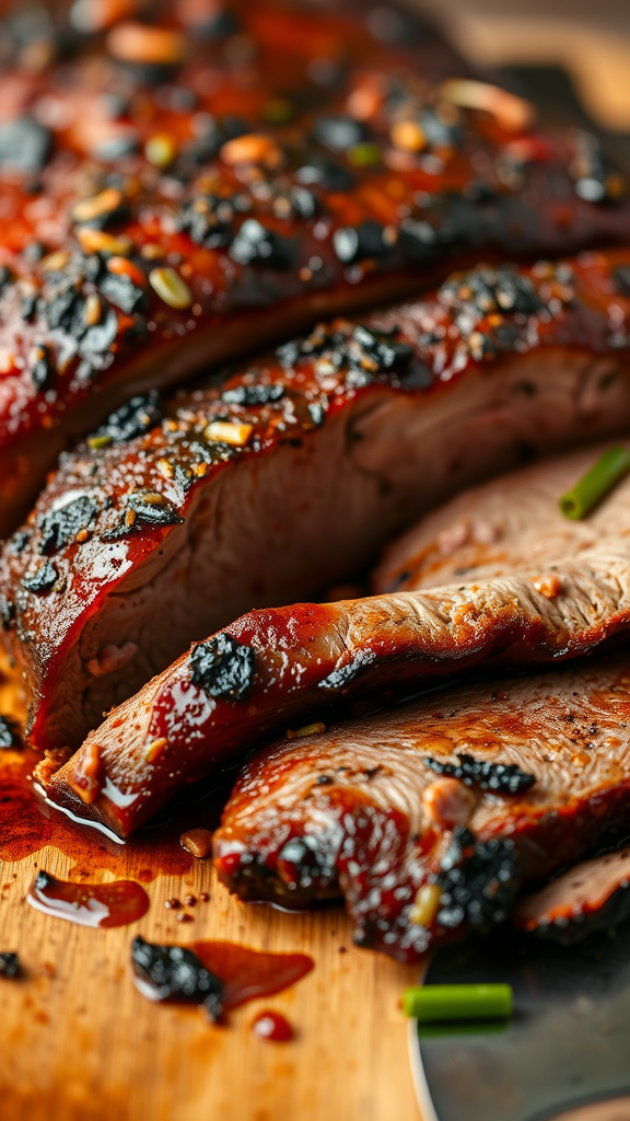 A close-up of sliced Texas BBQ brisket with a shiny crust and tender meat