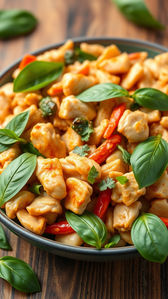 A bowl of Thai Basil Chicken Stir-Fry with chicken pieces, red bell peppers, and fresh basil leaves.