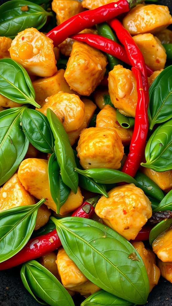 Thai Basil Chicken Stir Fry with green basil leaves and red chili peppers