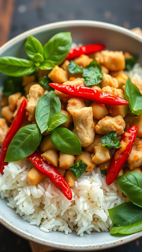 A delicious bowl of Thai Basil Chicken Stir Fry served over rice, garnished with fresh basil and red chilies.