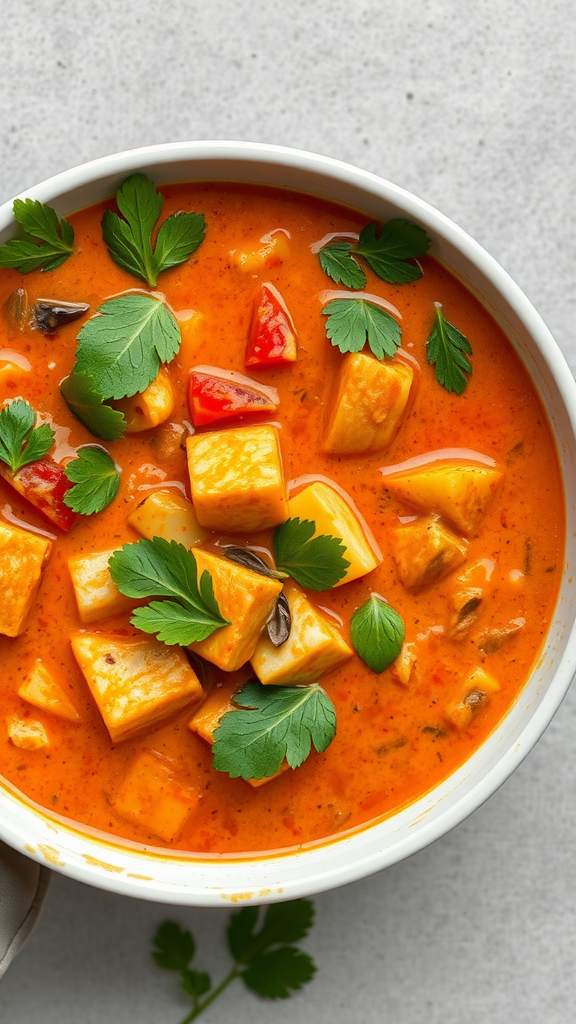 A bowl of Thai Red Curry with tofu, vegetables, and cilantro on top.