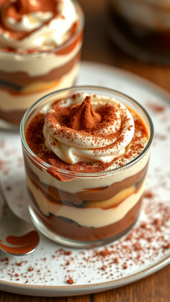 Delicious tiramisu cups layered with coffee and mascarpone cream, topped with cocoa powder.