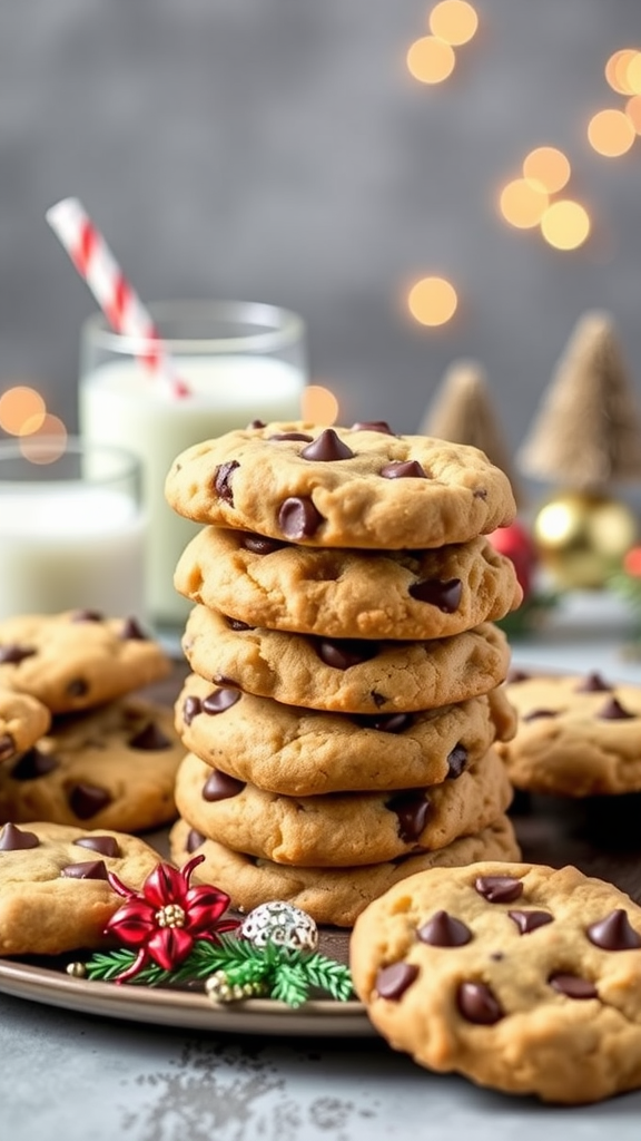 A stack of toffee chocolate chip cookies on a plate with festive decorations and a glass of milk