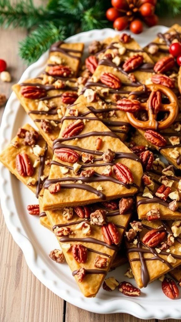 A platter of toffee pretzel bark with chocolate drizzle, nuts, and pretzels.