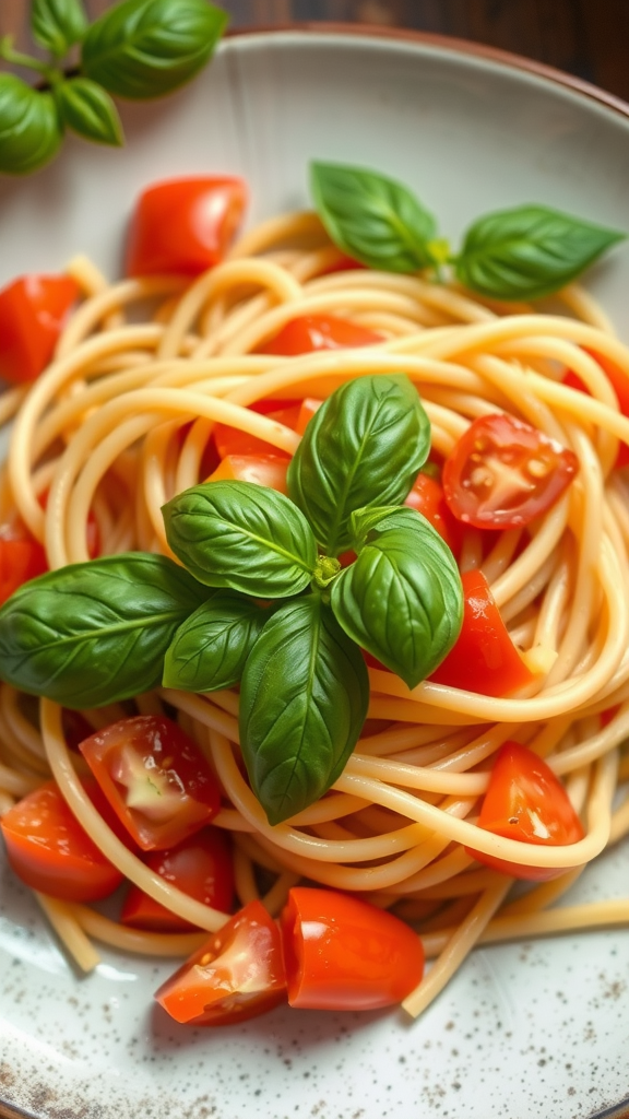 A plate of tomato basil pasta topped with fresh basil leaves and diced tomatoes.