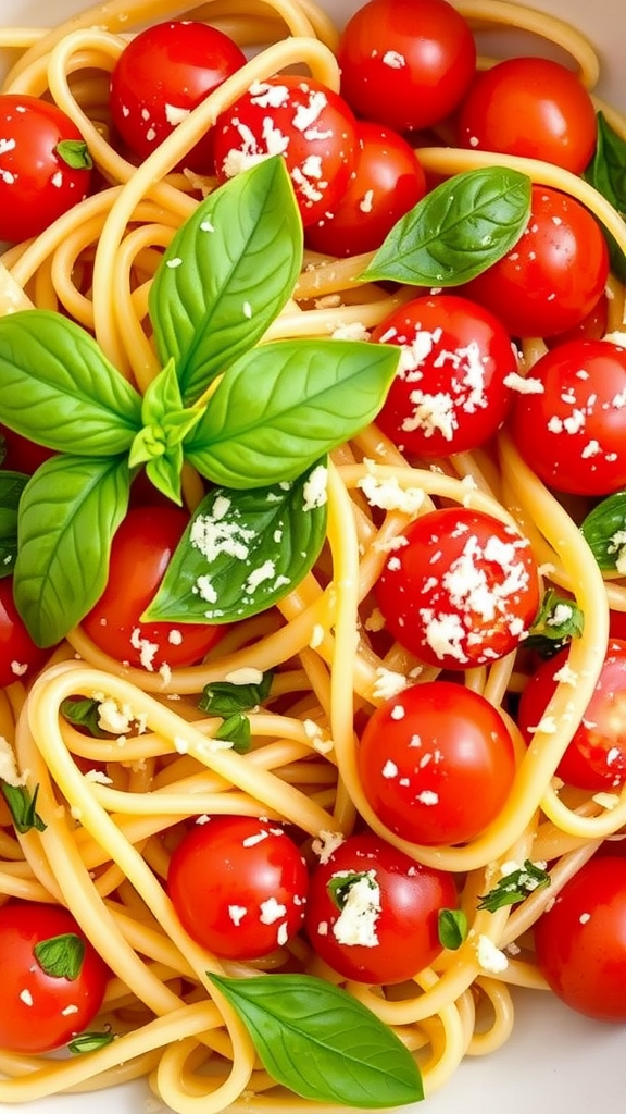A bowl of tomato basil pasta with fresh tomatoes and basil leaves