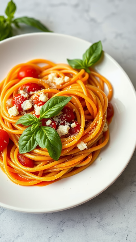 A plate of Tomato Basil Pasta with cherry tomatoes and basil leaves