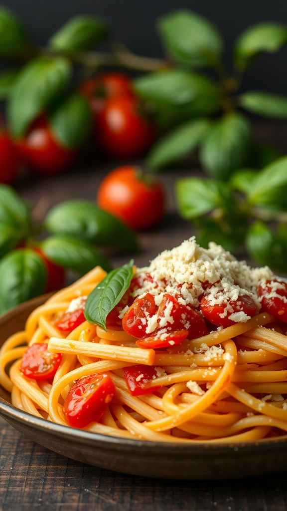 A plate of Tomato Basil Pasta with fresh tomatoes and basil in the background
