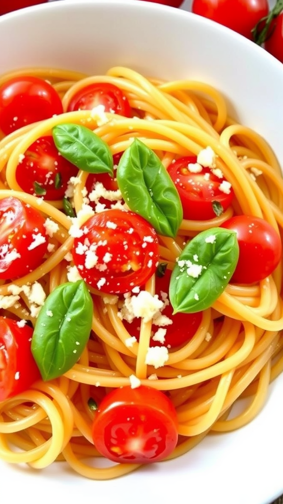A plate of Tomato Basil Pasta with cherry tomatoes and basil leaves, featuring the words 'TOMATO BASAL' in the background.