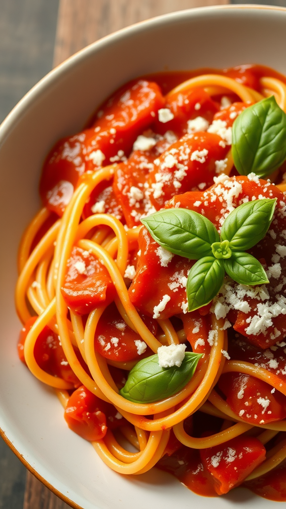 A bowl of Tomato Basil Pasta with fresh basil leaves and cheese on top.