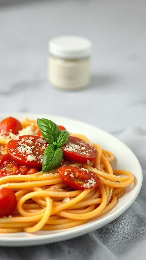 A plate of tomato basil pasta with cherry tomatoes and basil leaves.
