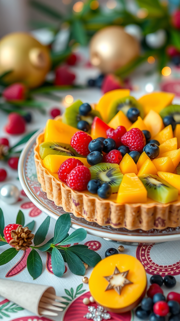 A colorful tropical fruit tart topped with mango, raspberries, blueberries, and kiwi, surrounded by festive decorations.