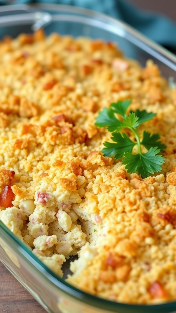 A delicious tuna casserole with a golden-brown topping and a sprig of parsley for garnish.