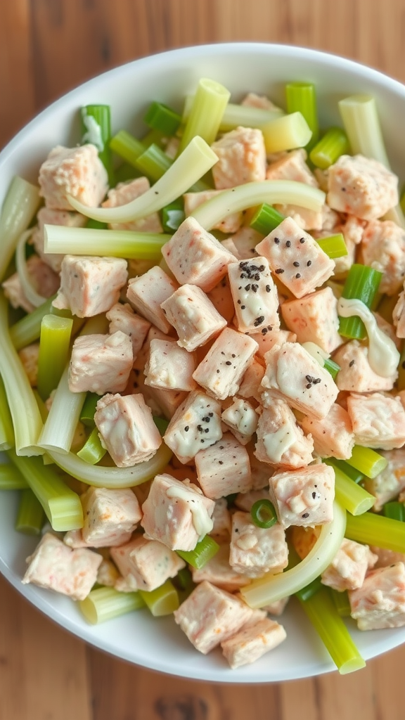 A bowl of tuna salad with diced tuna, celery, and green onions.