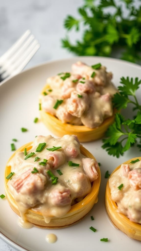 Delicious Turkey à la King served in pastry shells garnished with chives
