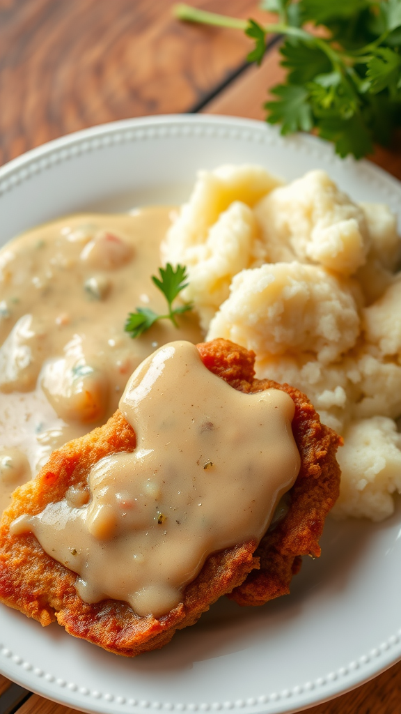 A plate of Turkey à la Maryland with fried turkey smothered in gravy, served with mashed potatoes.