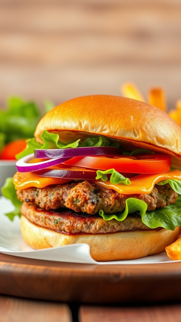 A delicious turkey burger with lettuce, tomato, onion, and cheese in a toasted bun.